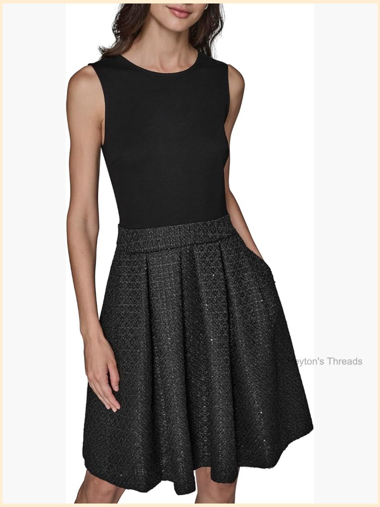 Novelty Tweed Fit & Flare Midi Dress Sleeveless Zipper Back